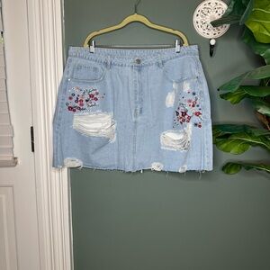 Floral Denim Distressed Mini Skirt Plus Size Cider